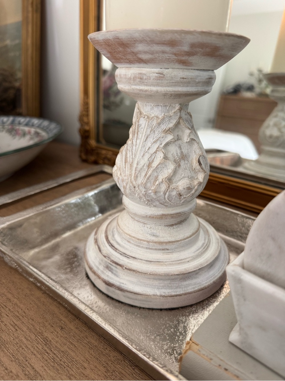 White Distressed Carved Wood Candle Holder - Home Accents